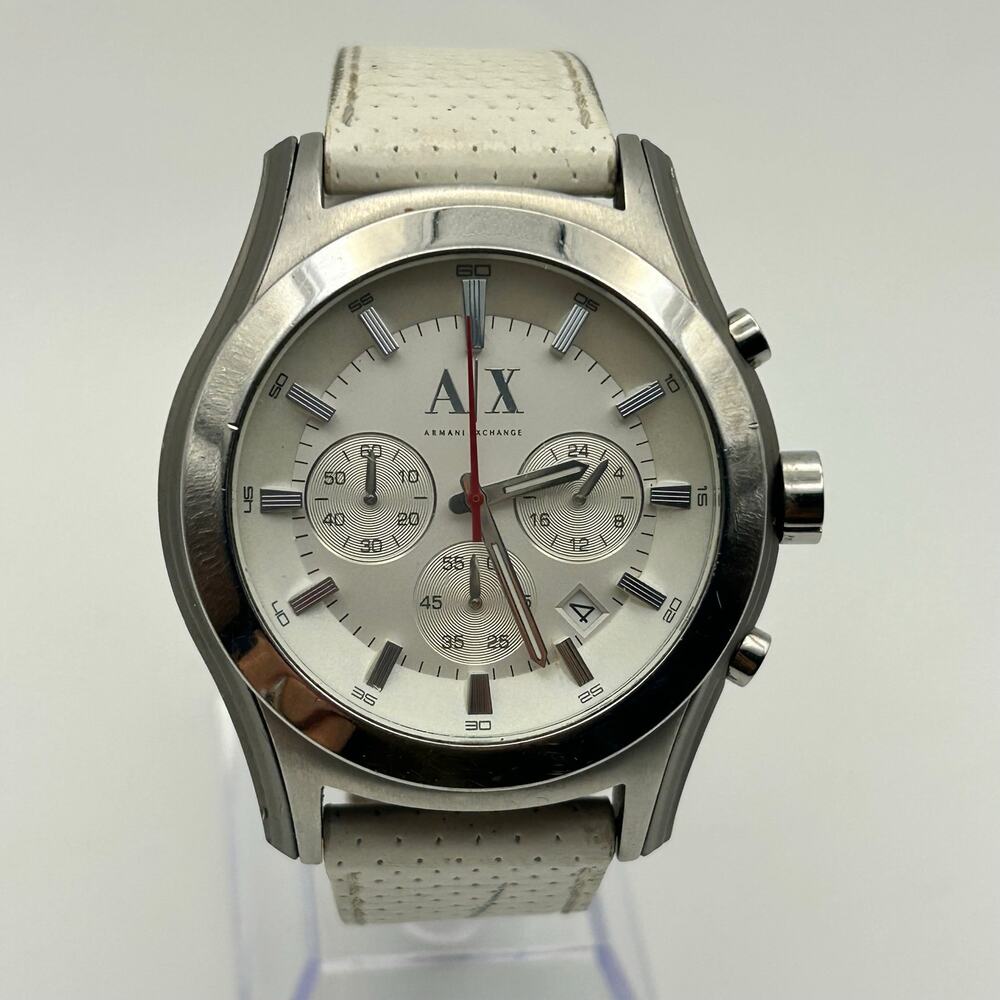 Armani Exchange AX2071 Silver-tone Chronograph Watch White Perforated Leather